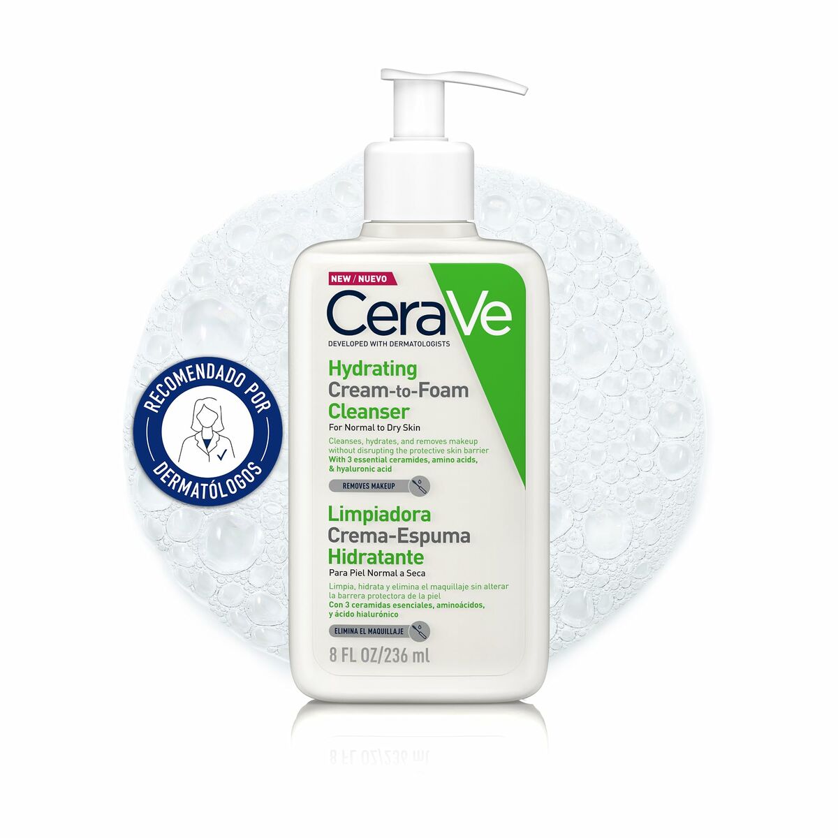 CeraVe hydrating cream-to-foam cleanser bottle with pump on a white background