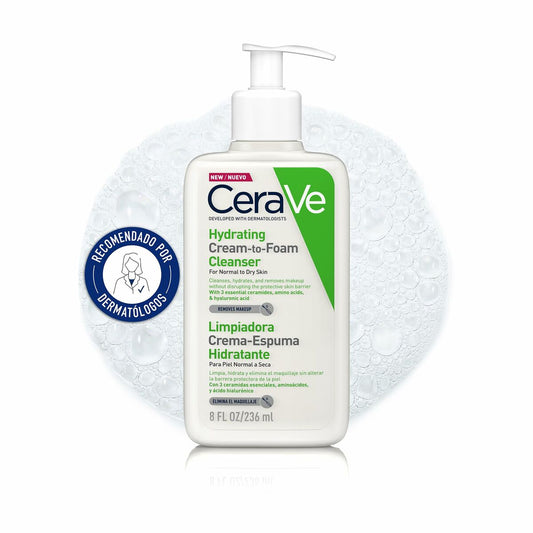 CeraVe hydrating cream-to-foam cleanser bottle with pump on a white background